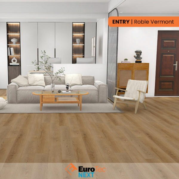 Roble Vermont| PISO FLOTANTE VINÍLICO CLICK - RESIDENCIAL INTENSO - EuroTec NEXT ENTRY << Volver Cod: 6416 Contenido por caja: 2.22m2 Resistente al agua: Si Repulible: No Tipo de tránsito: Residencial intenso - Comercial Ligero(32/AC4) Tamaño: 5x182x1220mm